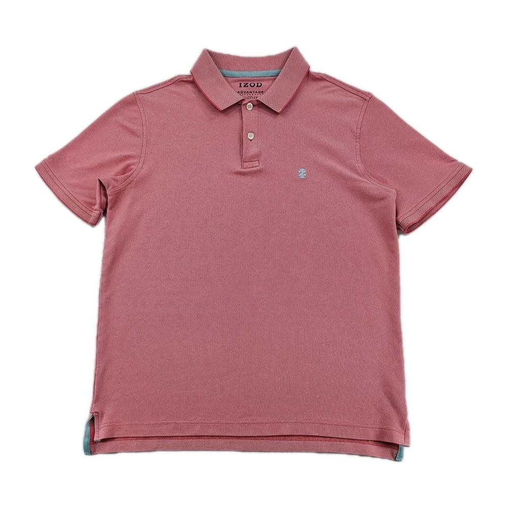 IZOD Mens Advantage Performance Golf Polo M Natural Stretch Pink Teal Trim Shirt